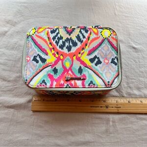 Stella & Dot travel jewelry case multi-colored Ikat pattern coral Pink Blue